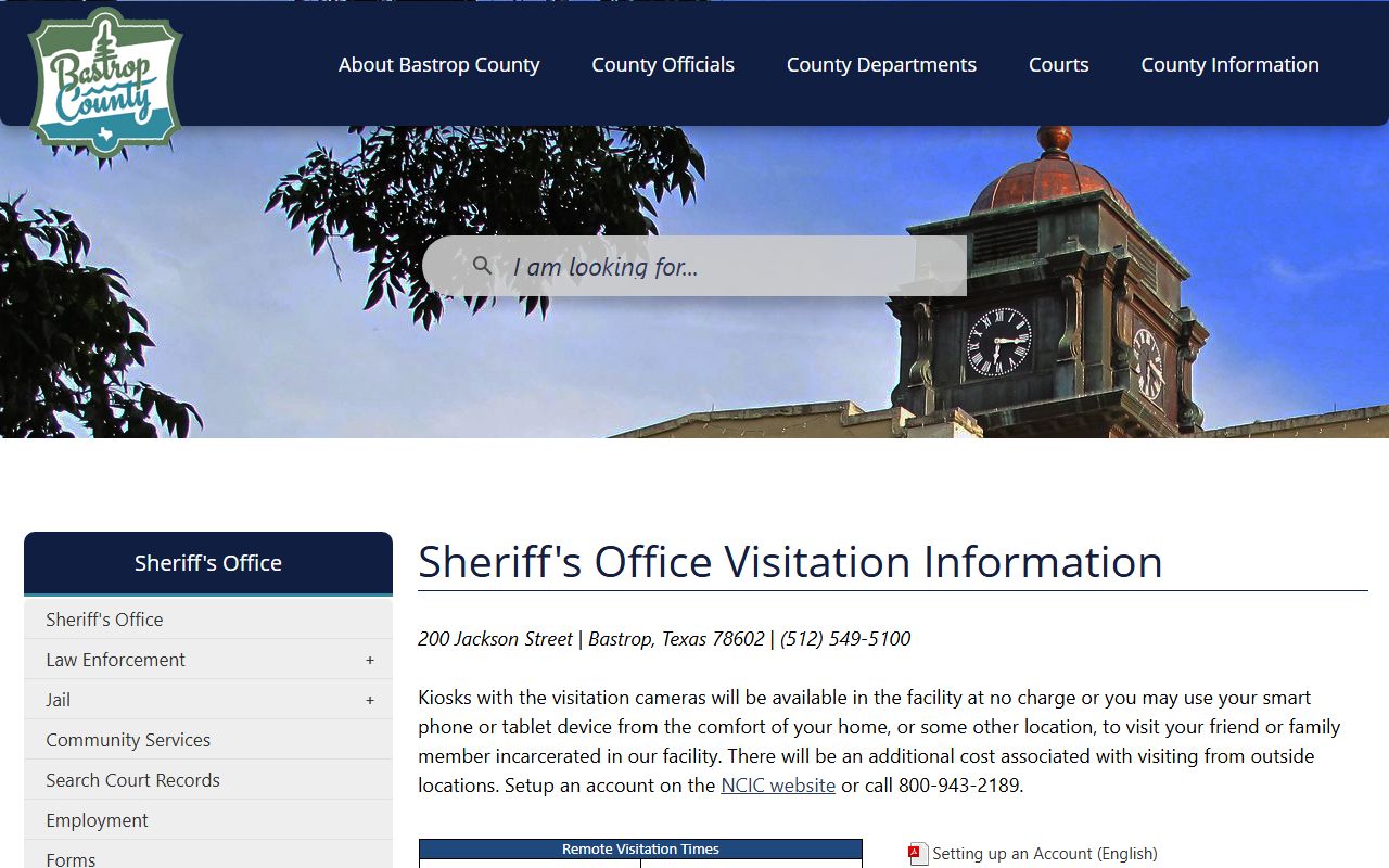Bastrop County Jail visitation page for inmate video visitation