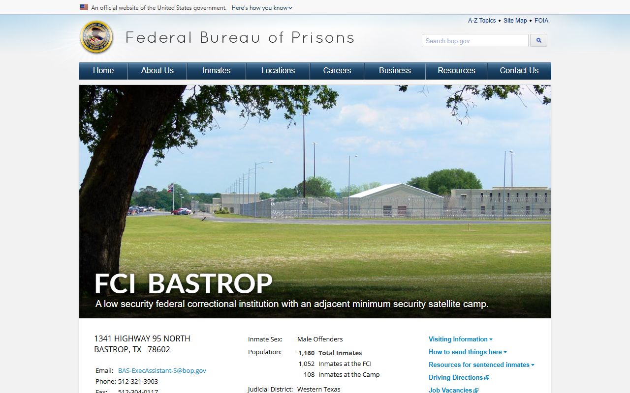 FCI Bastrop BOP institution page for federal inmate visiting mail and funds